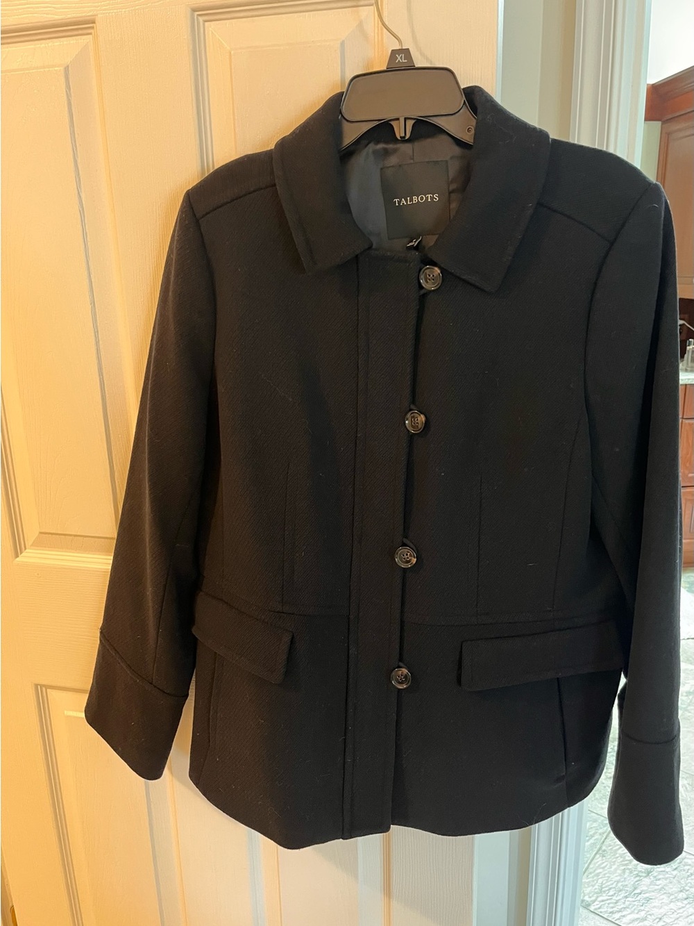 Talbots Black Wool-Blend Button Front Pea Coat